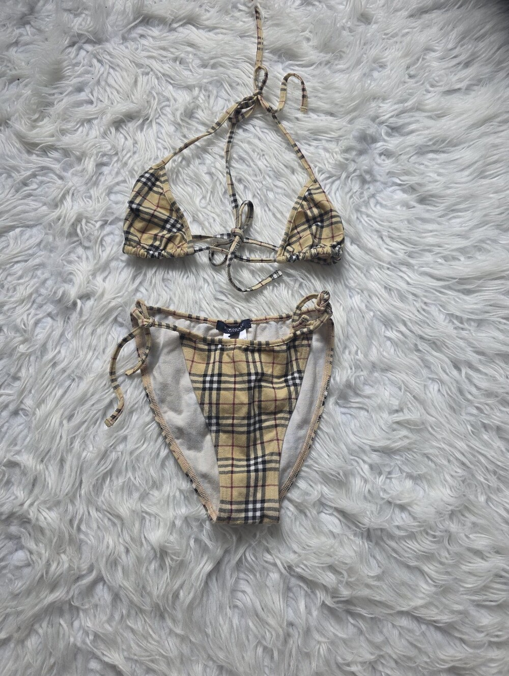 Burberry Beige Plaid Triangle Tie-Side Bikini